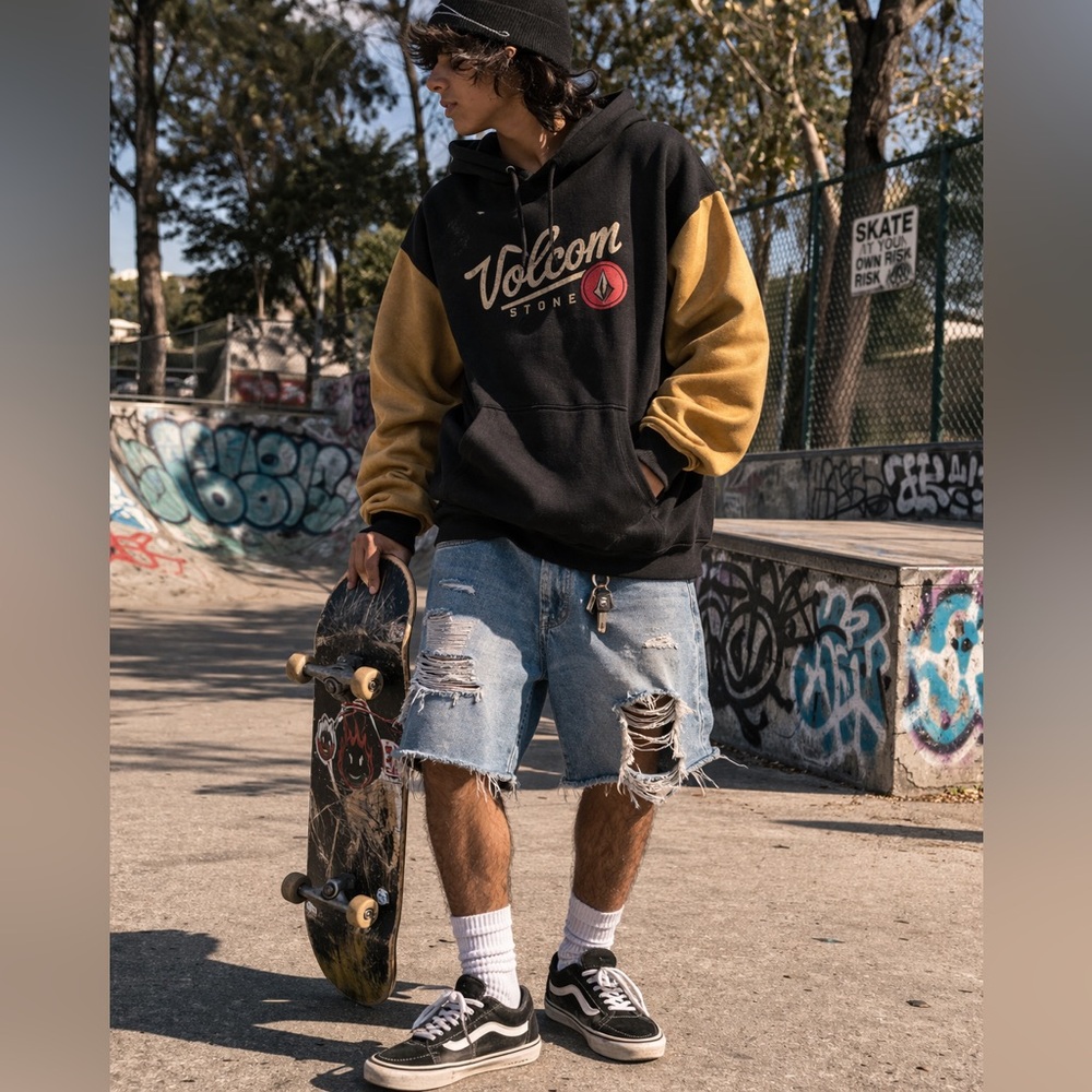Volcom Men's Two-Tone Black and Mustard Pullover Hoodie Size Small